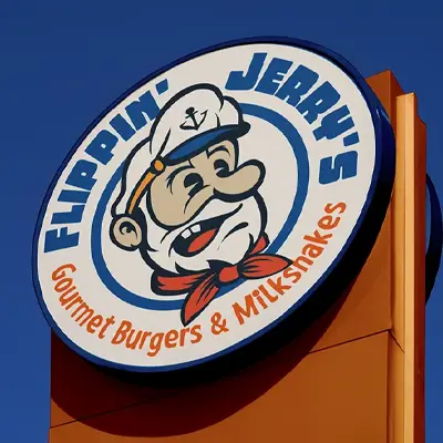 Logo cartoon old school pour Flippin' Jerry's, chaîne de restauration de burgers, déclinaison 1 sur 5