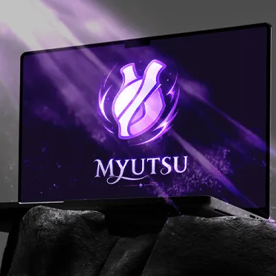 Logo Myutsu pour une boutique de cartes Pokémon, identité visuelle univers jeu vidéo, déclinaison 1 sur 5